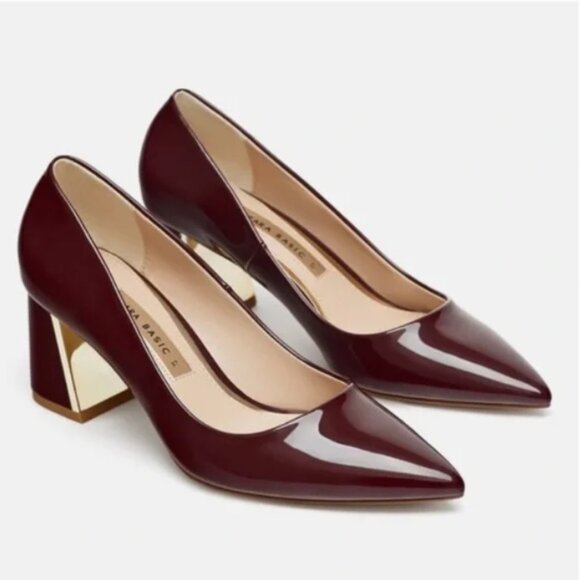 Zara wine burgundy red patent leather block heels pumps 40 - Picture 1 of 14